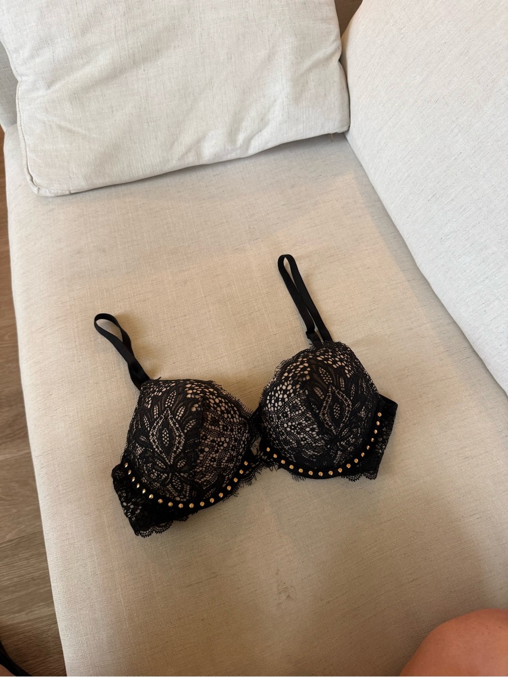 Victoria's Secret Black Lace Underwire Bra with Gold Studs
